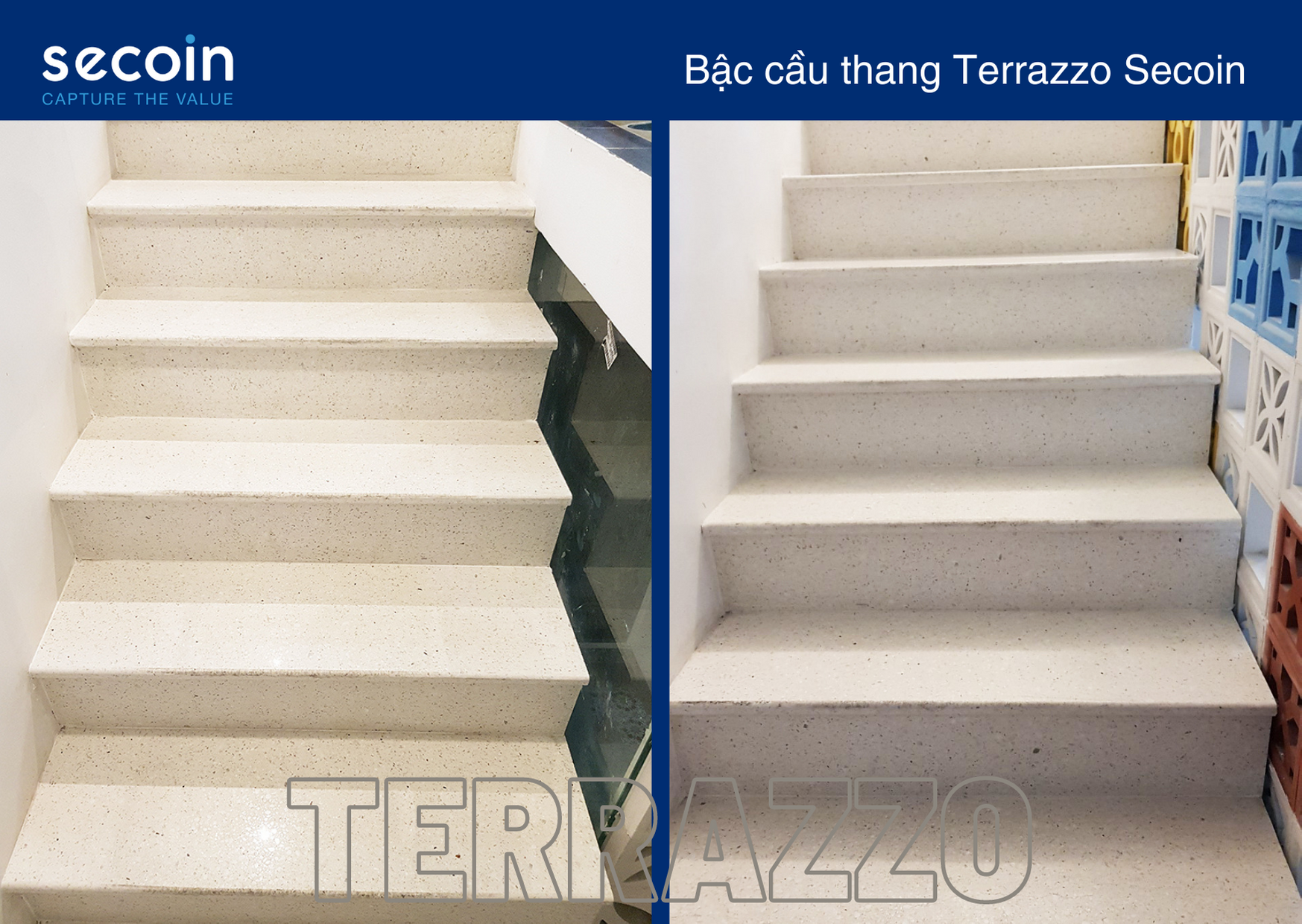 Bậc cầu thang đẹp - xử dụng từ terrazzo nội thất Secoin