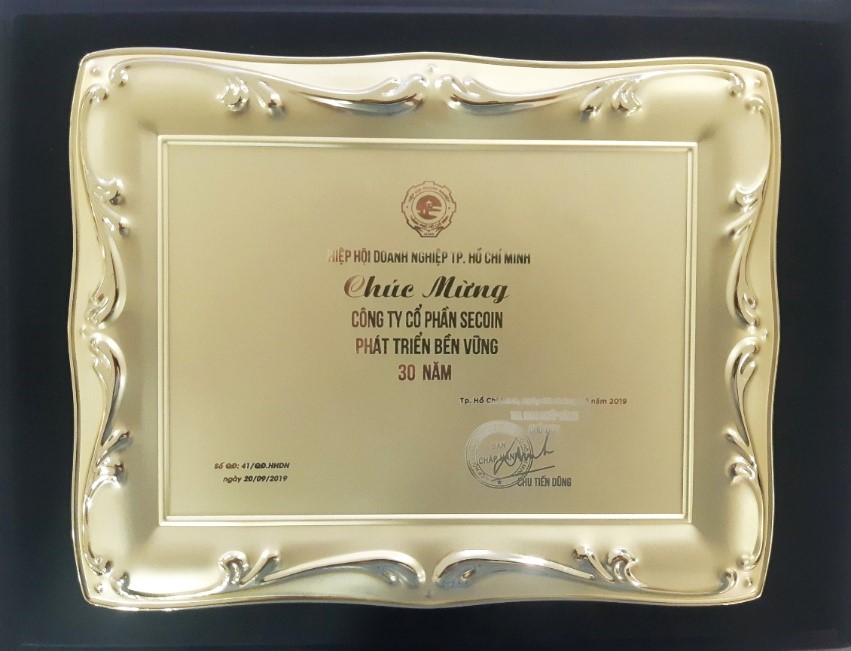 Secoin được UBND TP HCM trao tặng danh hiệu Sản phẩm, dịch vụ tiêu biểu TP HCM năm 2019 và Doanh nghiệp phát triển bền vững trên 30 năm